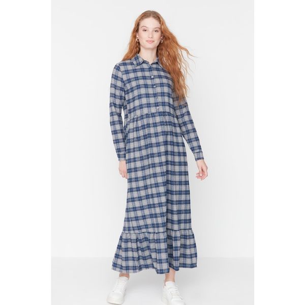 Trendyol Trendyol Blue Plaid Shirt Collar Woven Dress