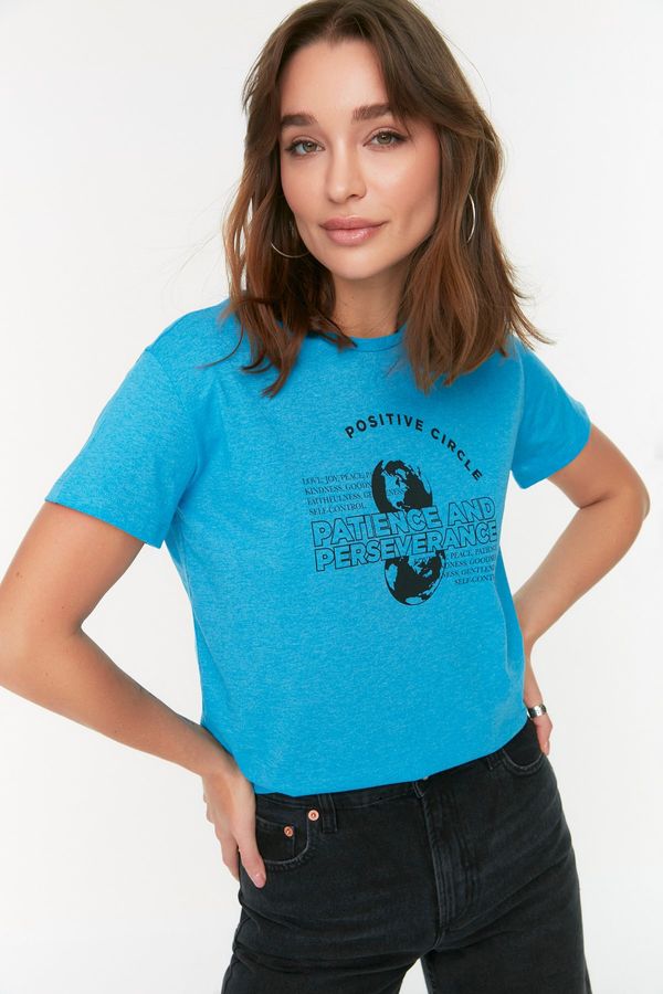 Trendyol Trendyol Blue Recycle Printed Semi Fitted Knitted T-Shirt