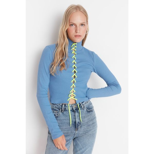 Trendyol Trendyol Blue Ribbed Tie Detailed Fitted Knitted Blouse
