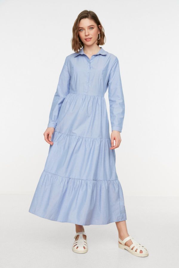 Trendyol Trendyol Blue Shirt Collar Button Detailed Layered Woven Dress