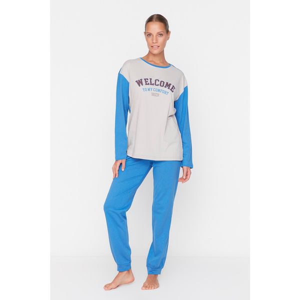 Trendyol Trendyol Blue Slogan Knitted Pajamas Set