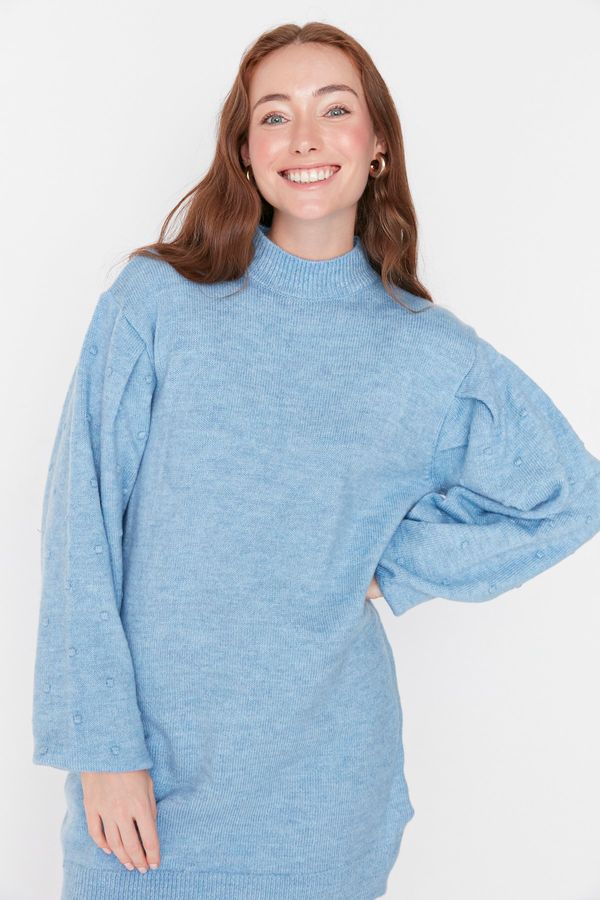 Trendyol Trendyol Blue Stand Up Collar Sleeves Pompom Knitwear Sweater