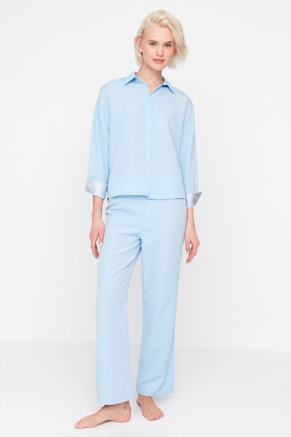 Trendyol Trendyol Blue Stone Detailed Oversize Woven Pajamas Set