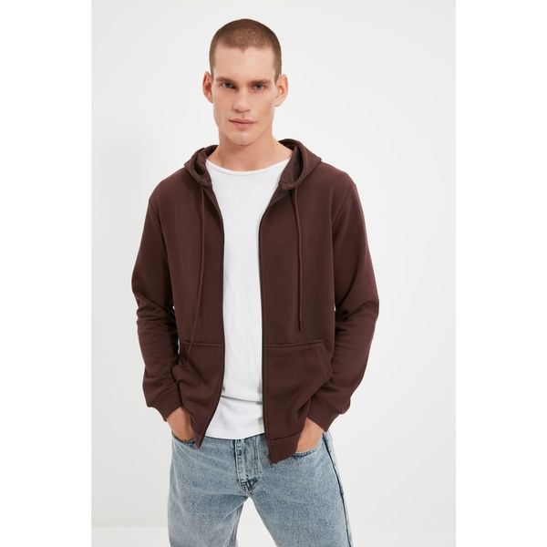 Trendyol Trendyol Brown Basic Hooded Regular Fit Zippered Sweatshirt