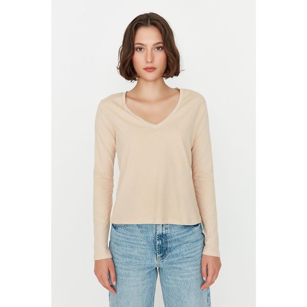 Trendyol Trendyol Brown-Beige 2-Pack Long Sleeve V-Neck Basic Knitted T-Shirt