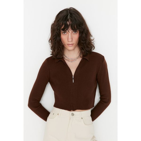 Trendyol Trendyol Brown Crop Zippered Knitwear Cardigan