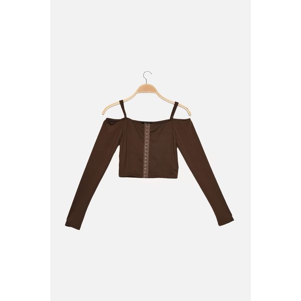 Trendyol Trendyol Brown Decollete Crop Dzianted Bluzka