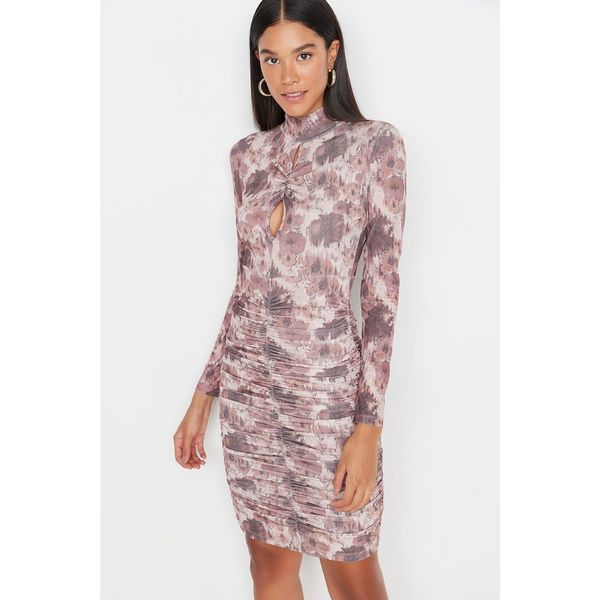 Trendyol Trendyol Brown Draped Detailed Stand Up Collar Knitted Dress