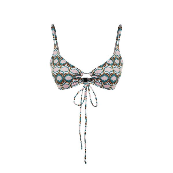 Trendyol Trendyol Brown Geometric Pattern Tie Detailed Bikini Top