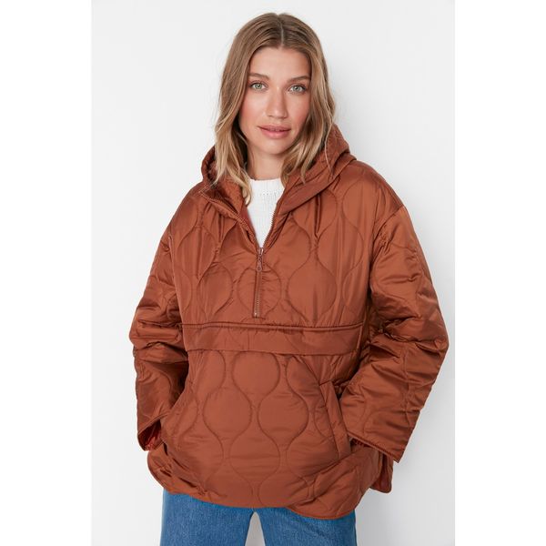 Trendyol Trendyol Brown Hooded Wide Cut Oversize Kangaroo Down Jacket