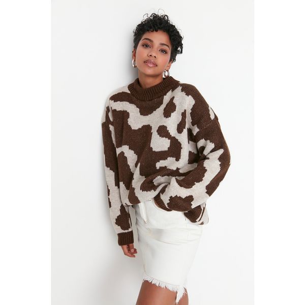 Trendyol Trendyol Brown Jacquard Stand Collar Knitwear Sweater