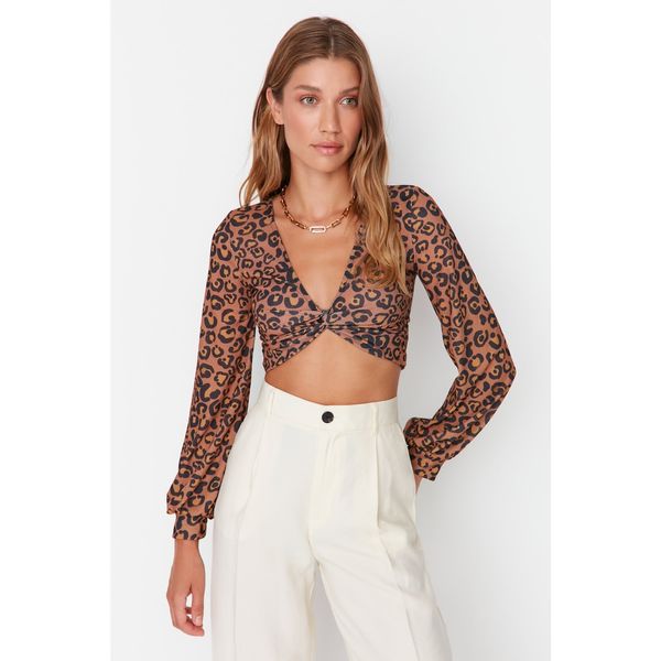 Trendyol Trendyol Brown Leopard Print Super Crop Corduroy Knitted Blouse