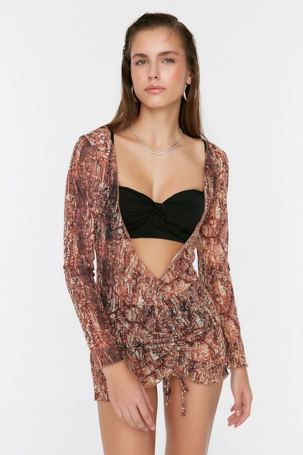 Trendyol Trendyol Brown Patterned Ruffle Detailed Decollete Beach Dress