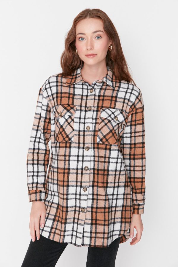 Trendyol Trendyol Brown Plaid Pattern Double Pocket Long Shirt