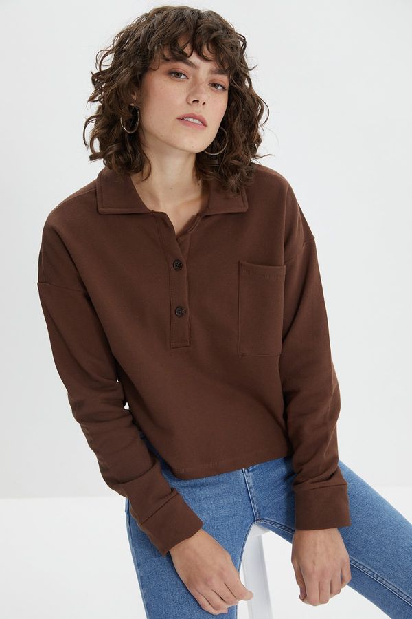 Trendyol Trendyol Brown Polo Collar Crop Raised Knitted Sweatshirt