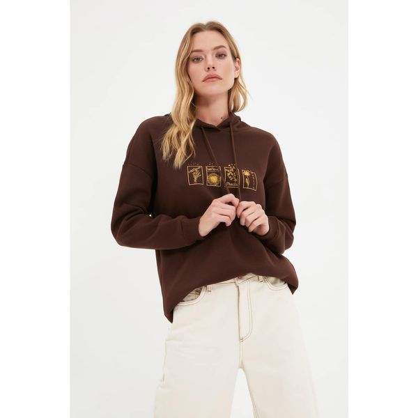 Trendyol Trendyol Brown Printed Boyfriend Hoodie Raised Knitted Sweatshirt