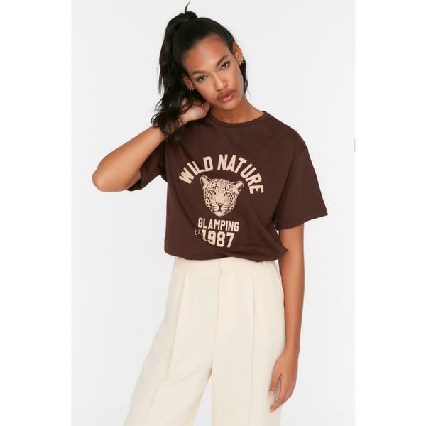 Trendyol Trendyol Brown Printed Boyfriend Knitted T-Shirt