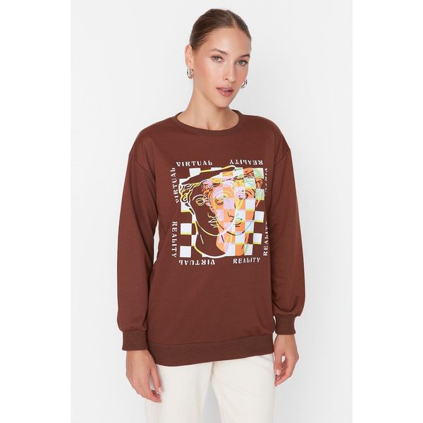 Trendyol Trendyol Brown Printed Oversize Knitted Sweatshirt