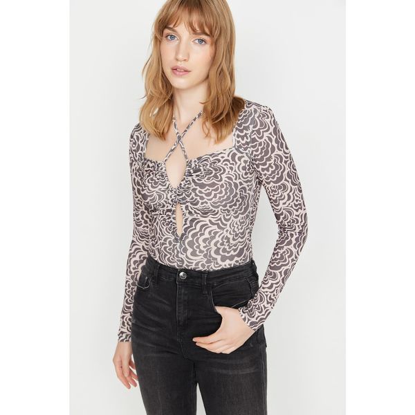 Trendyol Trendyol Brown Printed Piping Detailed Knitted Blouse