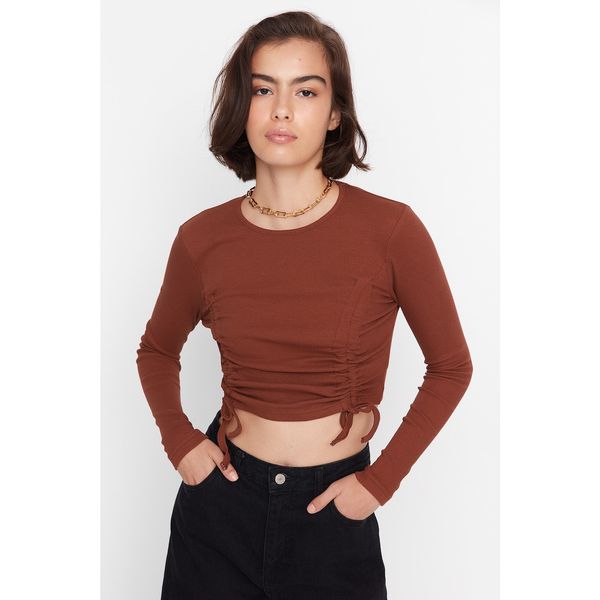 Trendyol Trendyol Brown Ribbed and Gathered Crop Knitted Blouse