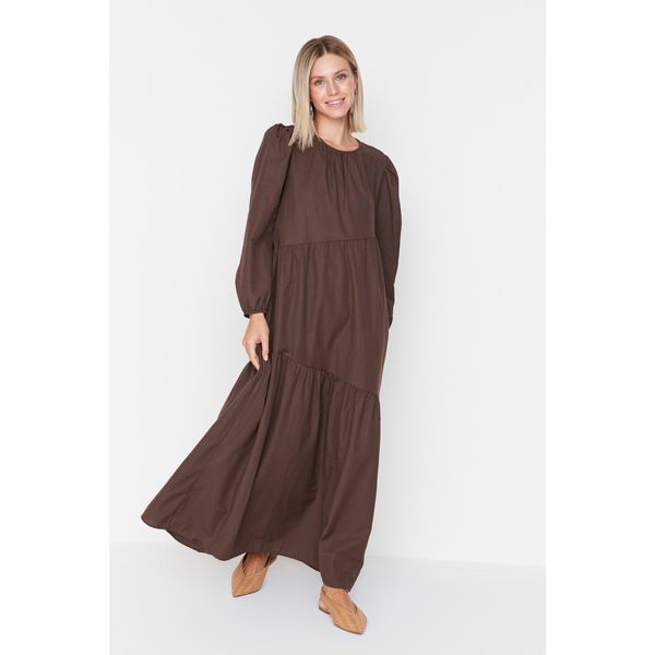 Trendyol Trendyol Brown Ruffle Detailed Crew Neck Poplin Woven Dress