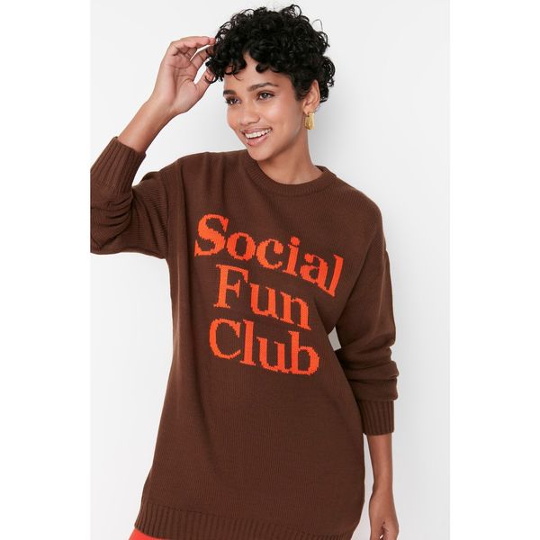 Trendyol Trendyol Brown Slogan Printed Crew Neck Knitwear Sweater