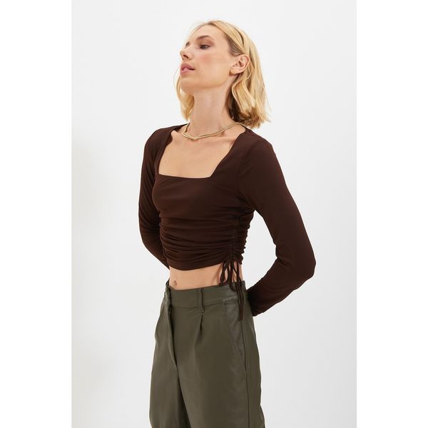 Trendyol Trendyol Brown Square Neck Pleated Knitted Blouse