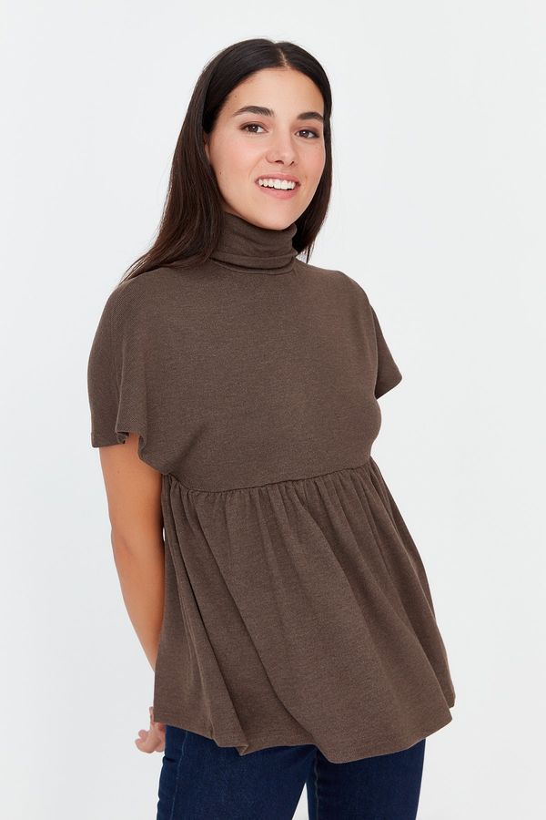 Trendyol Trendyol Brown Stand Up Collar Loose Fit Knitted Blouse