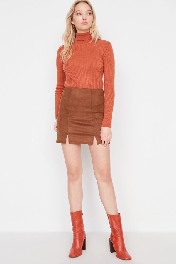 Trendyol Trendyol Brown Suede Mini Knitted Skirt