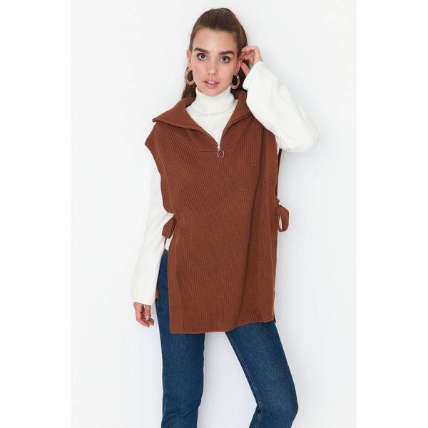 Trendyol Trendyol Brown Tie Waist Zippered Knitwear Sweater