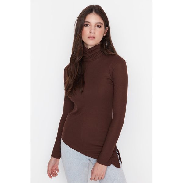 Trendyol Trendyol Brown Turtleneck Asymmetrical Ribbed Knitted Blouse