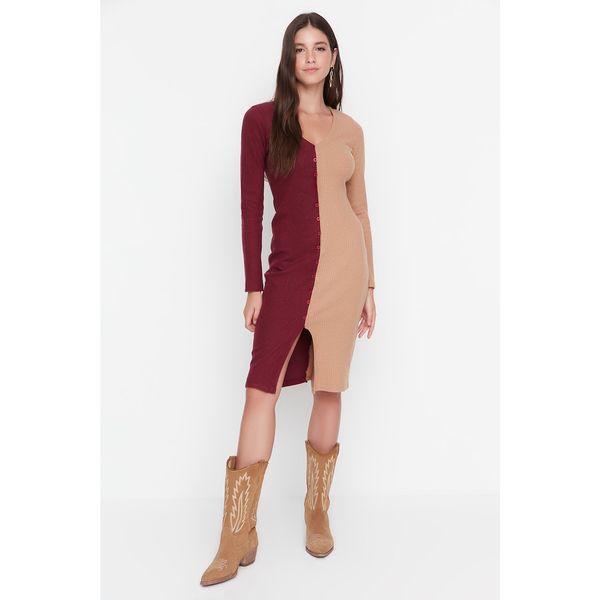 Trendyol Trendyol Burgundy Color Block Ribbed Bodycon Knitted Dress