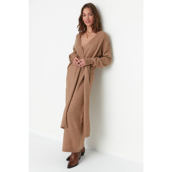 Trendyol Trendyol Camel Double Breasted Collar Tie Detailed Knitwear Dress