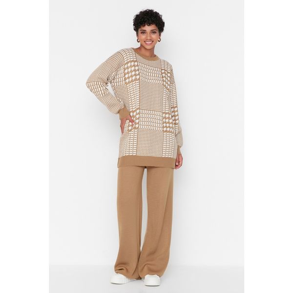 Trendyol Trendyol Camel Geometric Patterned Knitwear Bottom-Top Set