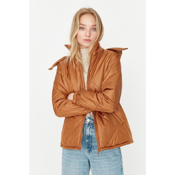 Trendyol Trendyol Camel Hooded Waist Ruffle Detailed Quilted Inflatable Coat