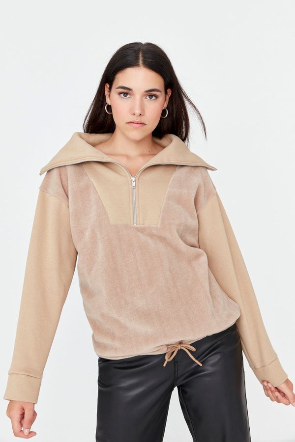 Trendyol Trendyol Camel Loose Fleece and Raised Knitted Sweatshirt