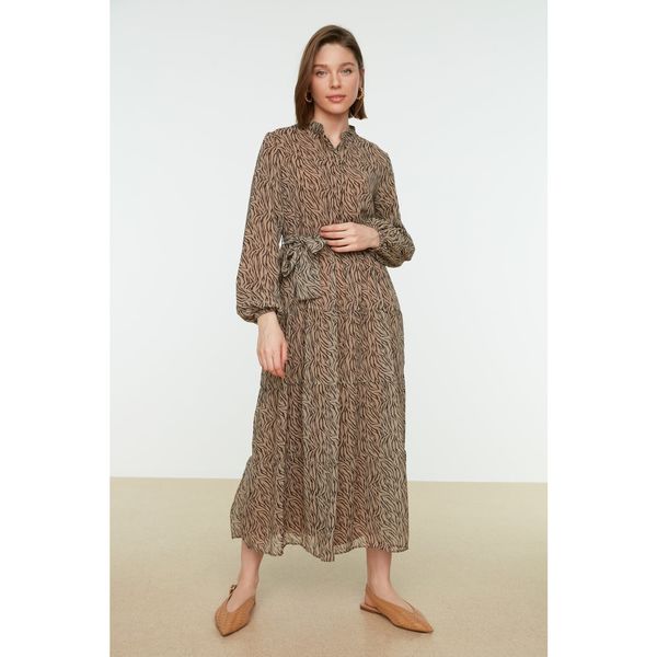 Trendyol Trendyol Camel Patterned Sash Detailed Lined Chiffon Woven Dress