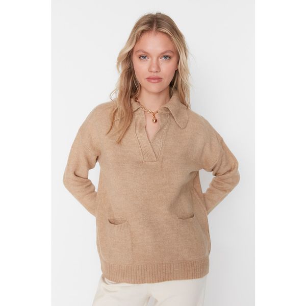 Trendyol Trendyol Camel Polo Collar Pocket Detailed Knitwear Sweater