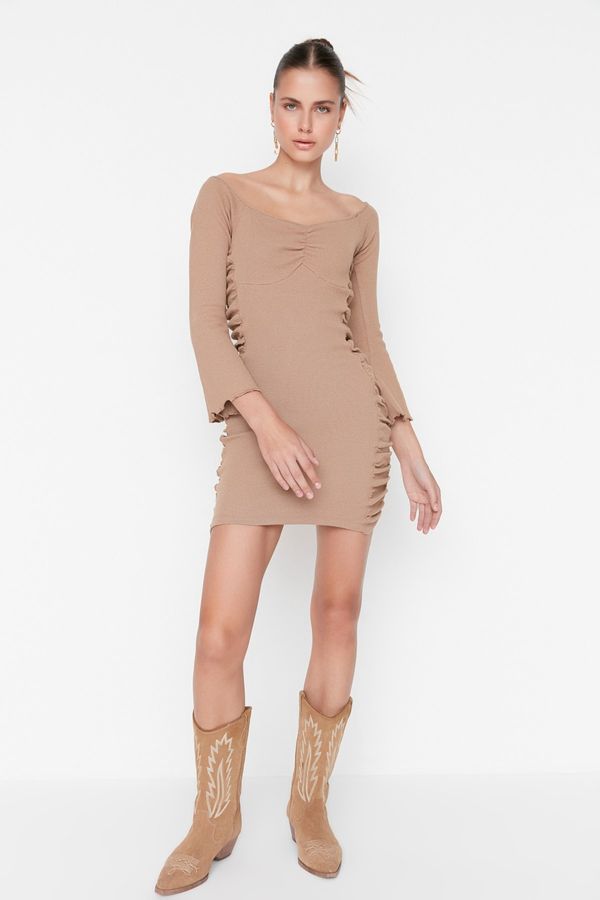 Trendyol Trendyol Camel Ribbed Bodycon Mini Knitted Dress