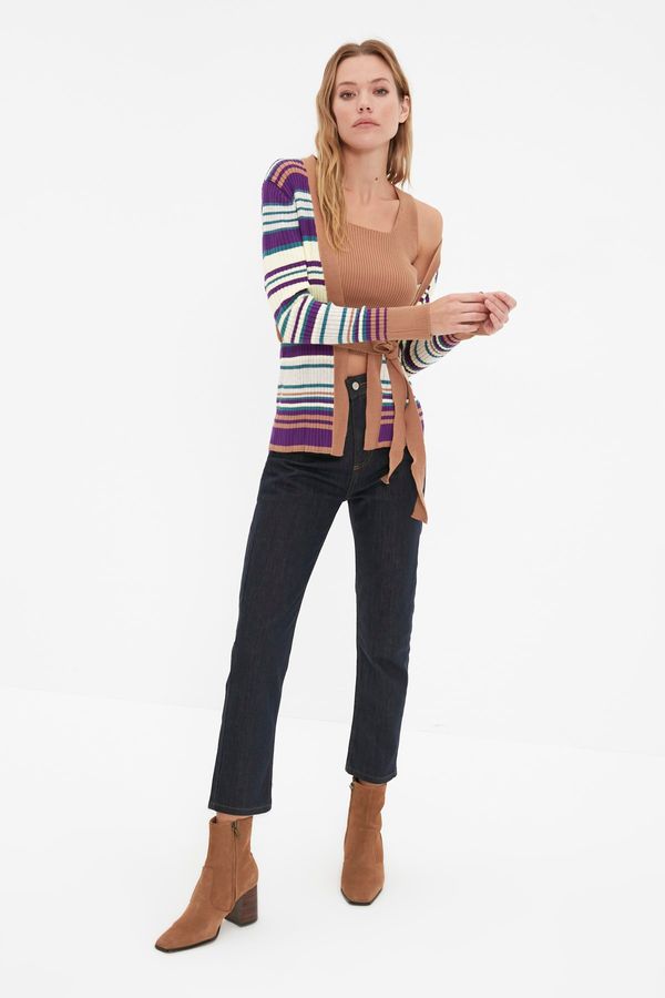 Trendyol Trendyol Camel Striped Blouse- Cardigan Knitwear Suit
