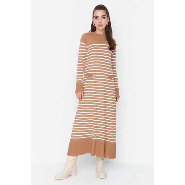 Trendyol Trendyol Camel Striped Crew Neck Sweater Dress