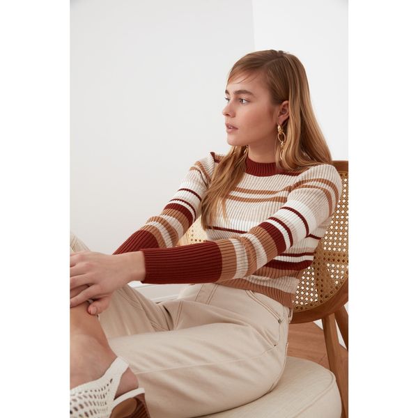 Trendyol Trendyol Camel Striped Crop Knitwear Sweater