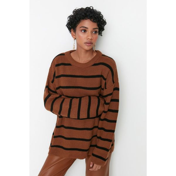 Trendyol Trendyol Camel Striped Oversize Knitwear Sweater