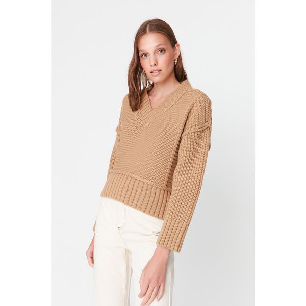Trendyol Trendyol Camel V Neck Knitwear Sweater