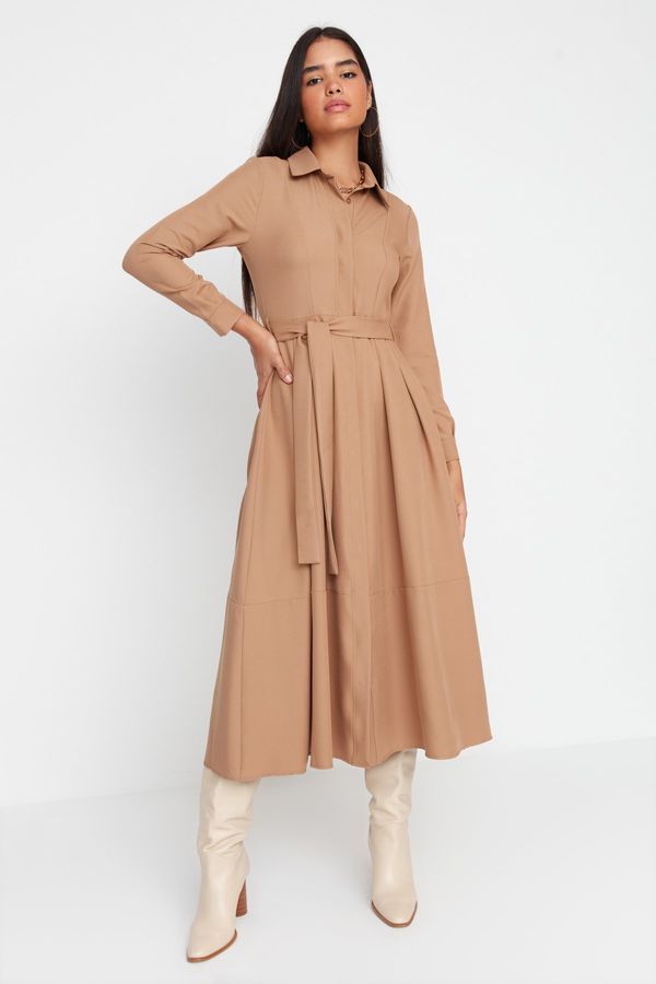 Trendyol Trendyol Camel Waist Belted Shirt Collar Woven Dress