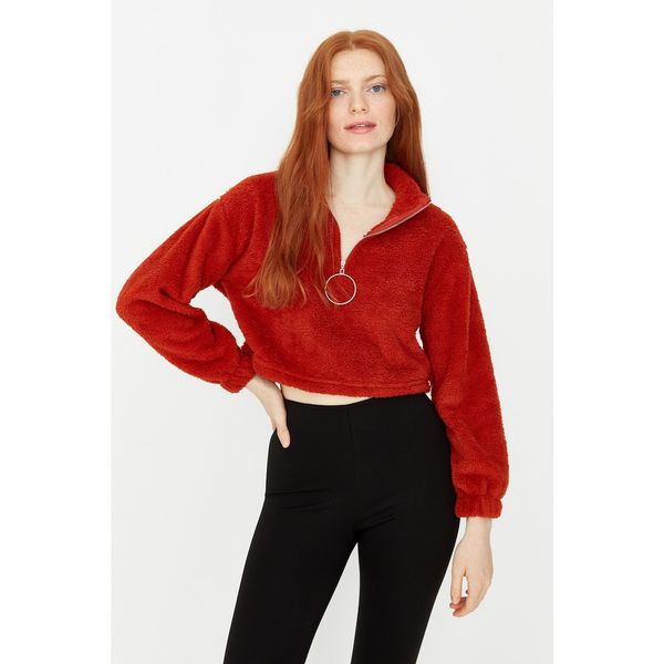 Trendyol Trendyol Cinnamon Zipper Stand Up Collar Crop Fleece Knitted Sweatshirt