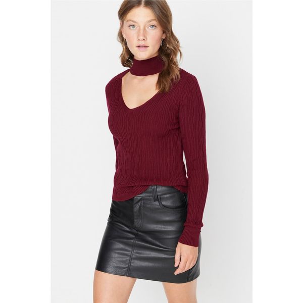 Trendyol Trendyol Claret Red Choker Collar Knitted Detailed Knitwear Sweater