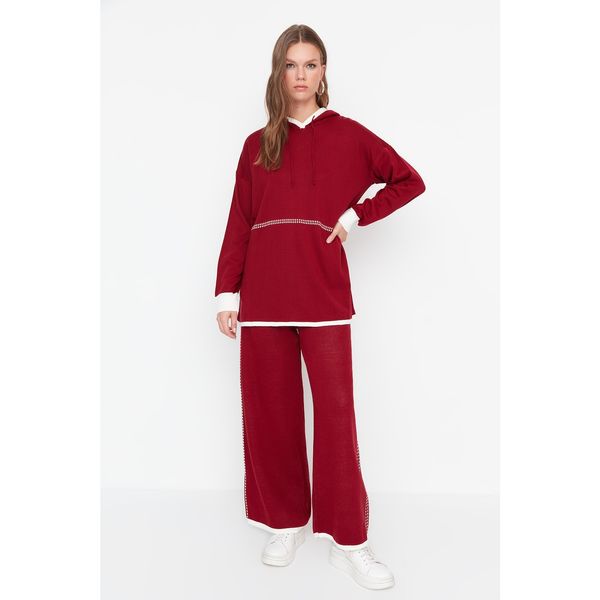 Trendyol Trendyol Claret Red Contrast Stitch Detail Hooded Knitwear Bottom-Top Set