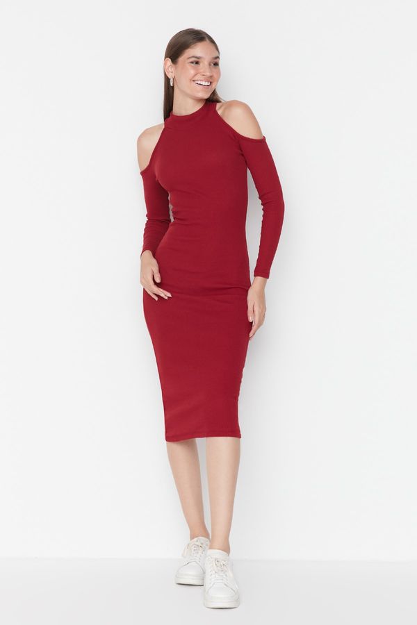 Trendyol Trendyol Claret Red Cut Out Detailed Ribbed Midi Knitted Dress
