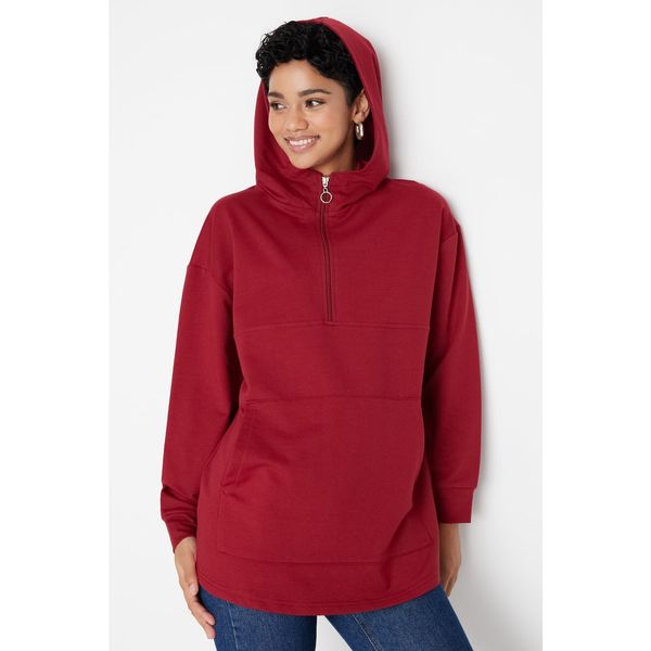 Trendyol Trendyol Claret Red Hooded Zippered Thick Inner Soft Feather Knitted Sweatshirt